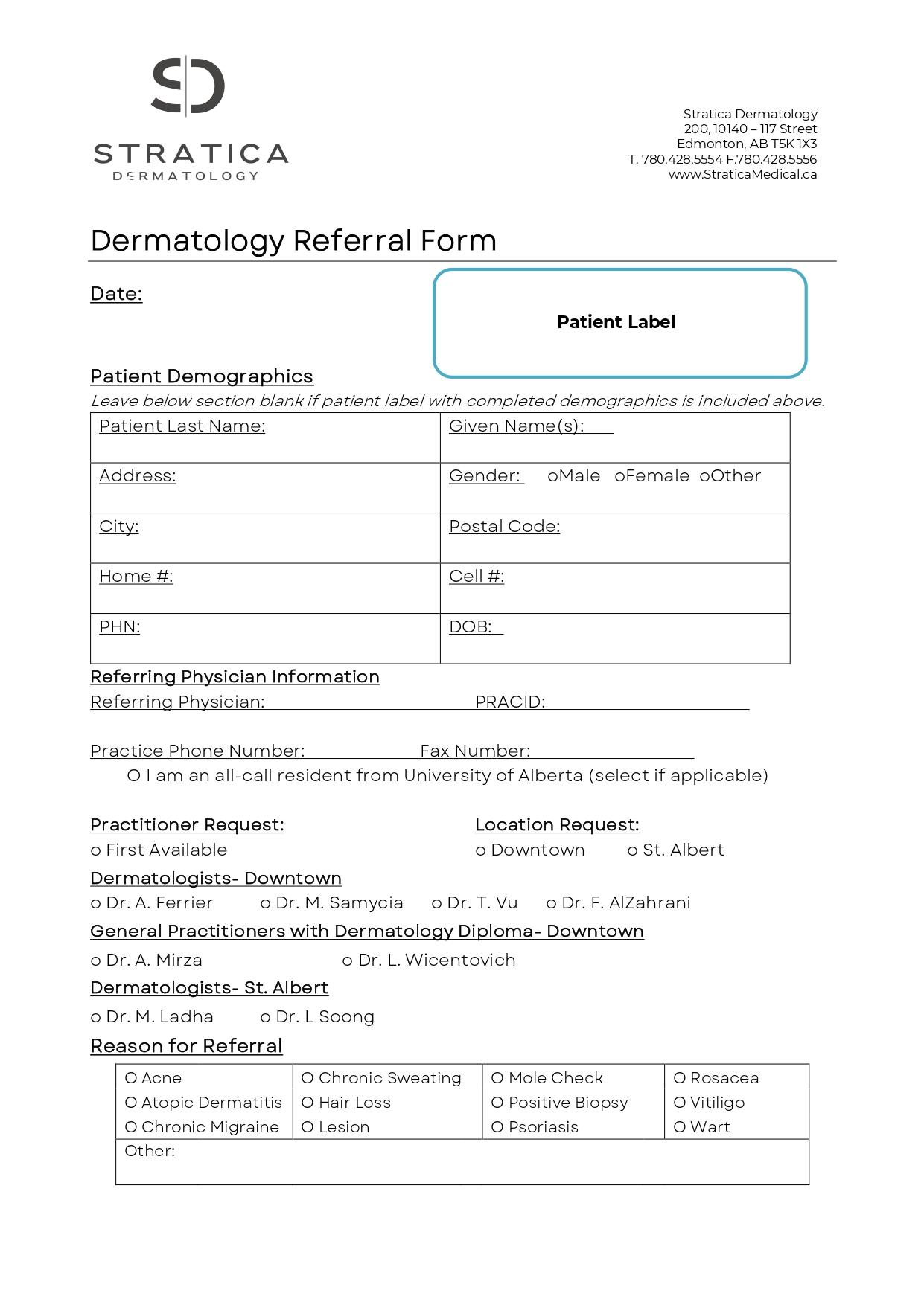 Stratica Dermatology referral form